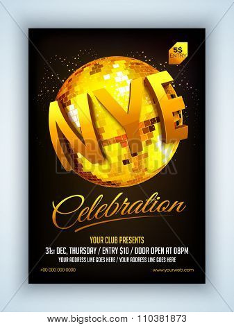Elegant Flyer, Banner or Pamphlet with golden disco ball for Happy New Year 2016 Eve Party celebration.