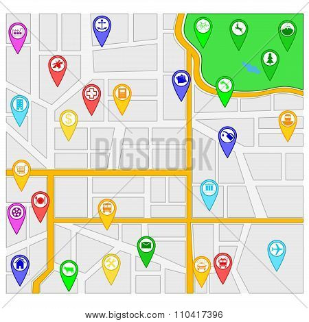 2D Flat Icon Sets Location Flag Infrastucture in Map