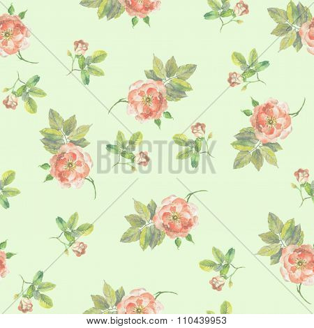 Seamless repeated vintage template with small flowers roses on pastel green background