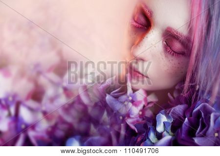 unusual girl with blue flowers, focus on flower