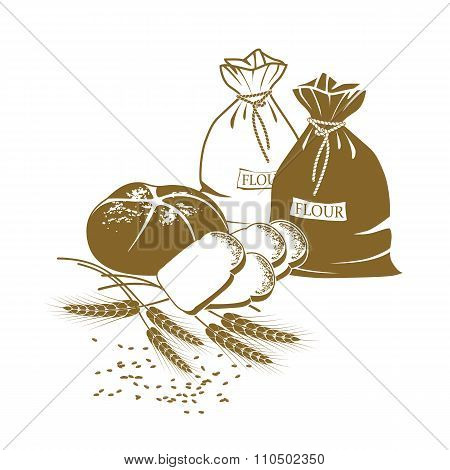 Illustration Bread, Ears Of Wheat And Bags Of Flour