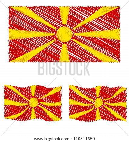 Flat And Waving Hand Draw Sketch Flag Of Republic Of Macedonia