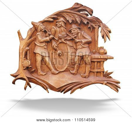 Old Brown Wooden Bass-relief With Musicians Isolated Over White