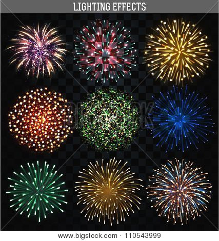 Set 9 realistic fireworks different shapes. Colorful festive, bright firework