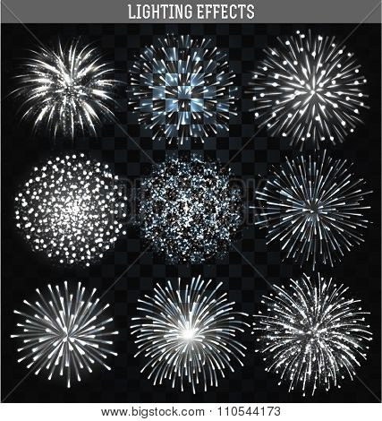 Set 9 realistic fireworks different shapes. White festive, bright firework
