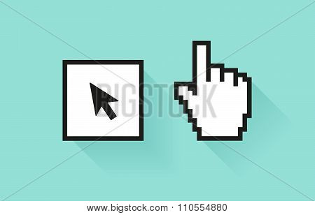 Set of social media icon. Pixel hand and botton with cursor arrow.