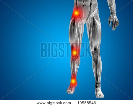 Conceptual 3D human man anatomy lower body or health design, joint or articular pain, ache or injury on blue background