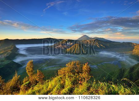Mount Bromo Volcano During Sunrise The Magnificent View Of Mt. Bromo Located In Bromo Tengger Semeru