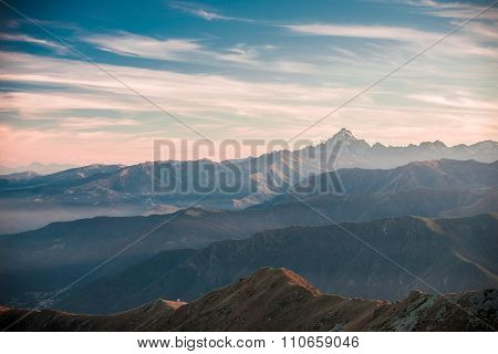 Sunset On Majestic Mountain Peak, Vintage Film Effect