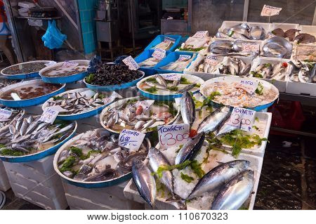 Typical Outdoor Italian Fish Market With Fresh Fish And Seafood, Naples, Italy