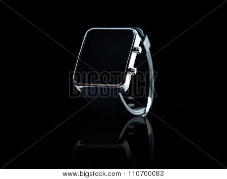 modern technology, time, object and media concept - close up of black smart watch