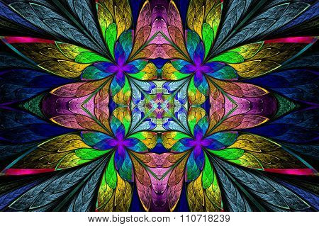 Symmetrical Multicolored Flower Pattern In Stained-glass Window Style On Darkblue.  Computer Generat