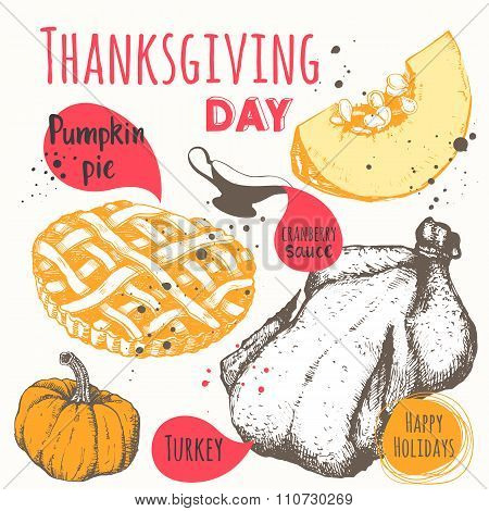 Thanksgiving day. Vector illustration of festive traditional food.
