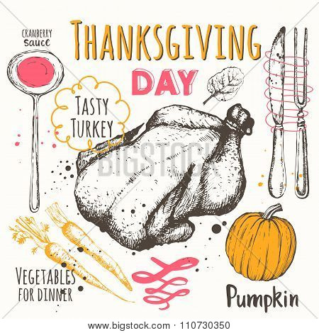 Thanksgiving day. Vector illustration of festive traditional food.
