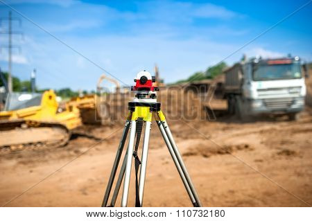 Surveyor Equipment Optical Level Or Theodolite At Construction Site