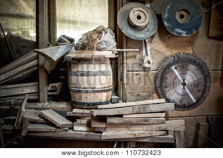 Old And Dusty, Vintage Workshop Of A Carpenter With Spider Web and unused tools