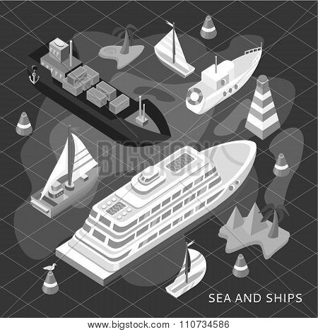 Isometric Set Ships. Sea Transport
