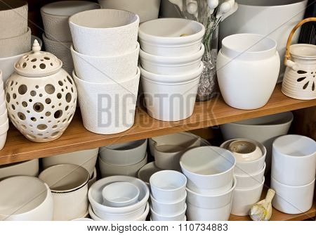 White Planters In The Florist Shop