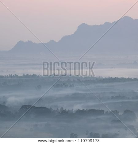 Watercolor View Of Foggy Morning Landscape. Hpa An, Myanmar (burma)