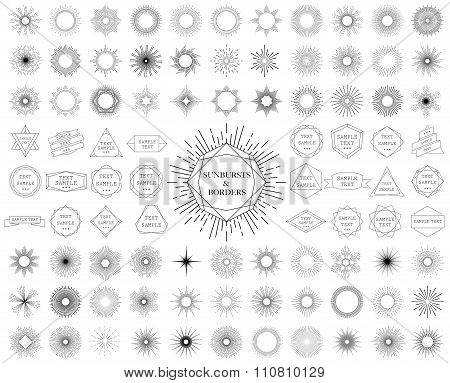 Sunbursts and borders collection. Vector illustration.