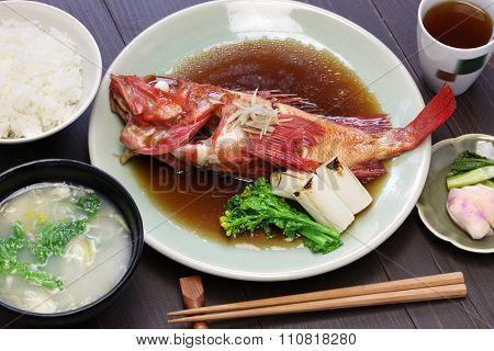 simmered kinki rockfish with rice and miso soup, japanese cuisine