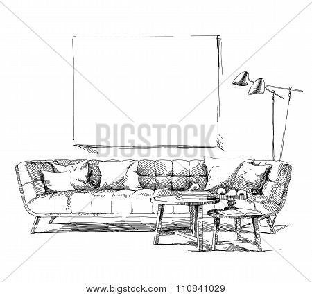 Modern interior hand drawing vector.