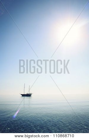 Morning Sea With Boat On The Horizon. Aged Photo.