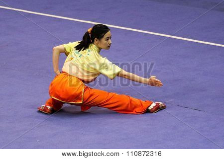JAKARTA, INDONESIA - NOVEMBER 14, 2015: Seo Heeju from South Korea performs the movements in the women's Changquan event in the 13th World Wushu Championship 2015 held in Istora Senayan, Jakarta.