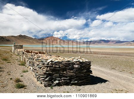 Lake And Lake Kar With Prayer Mani Walls, Ladakh