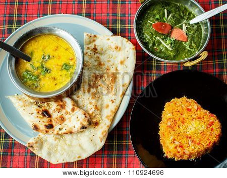Indian Dishes. Rice, Dal, Palak Paneer, Chapatti