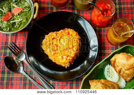Indian Dishes. Rice, Dal, Palak Paneer, Chapatti