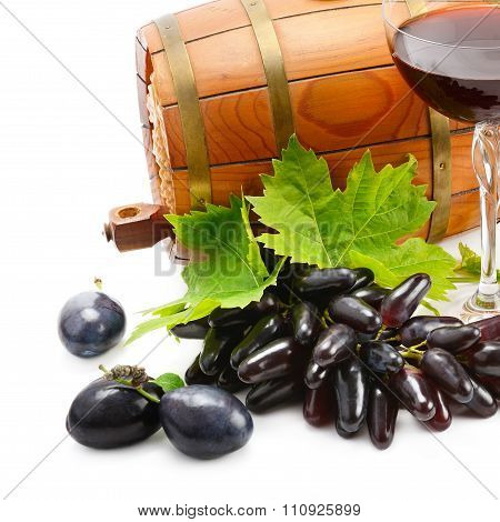 Glass Of Wine And Barrel Isolated On White Background