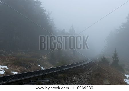 Old Railroad On A Foggy Winter Day. National Park Harz, Germany