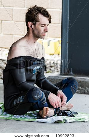 Very Calm Freediver Doing A Dry Warmup While Listening To Music