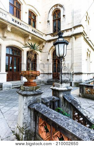 Old courtyard of Miramare castle in Trieste, Italy