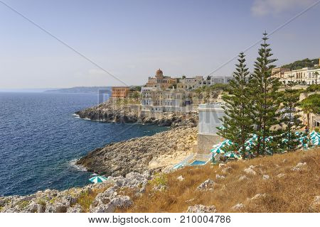 The most beautiful villages in italy: Santa Cesarea Terme (Apulia). The elegant Oriental profile of town overlooks the Adriatic from a top a plateau that plummets down to the sea.