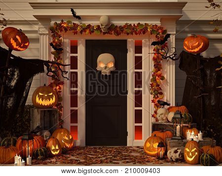 3d rendering. halloween decorated front door with various size and shape pumpkins