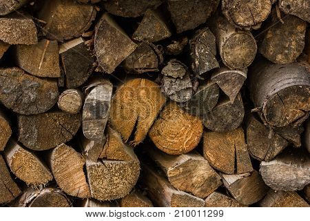 Wooden logs, beams, firewood, frame. A lot of wood. Wooden log wooden background. Fuel. Harvesting firewood for the winter. Logging