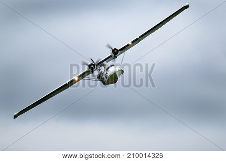 Consolidated Catalina PBY maritime patrol bomber and amphibious flying boat at the inaugural RAF Scampton air show in Lincolnshire, UK, 10 September, 2017.