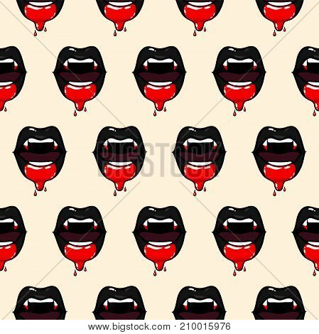 Seamless pattern of vampire woman mouth with blood on lower black lip. Halloween vector illustration