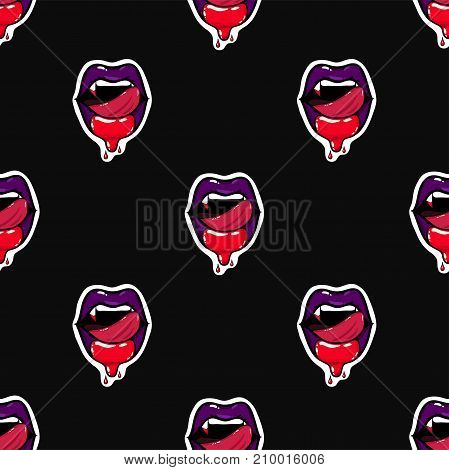 Seamless pattern of vampire woman open mouth with blood and licking tongue purple lips. Halloween vector illustration