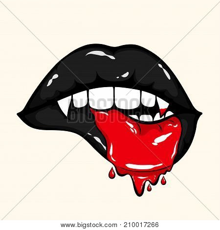 Vampire biting lips with blood on lower black lip. Halloween vector illustration