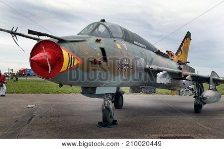Sukhoi Su-22M-4 Fitter, Russian built variable geometry wing fast jet at the inaugural RAF Scampton air show in Lincolnshire, UK, 10 September, 2017.