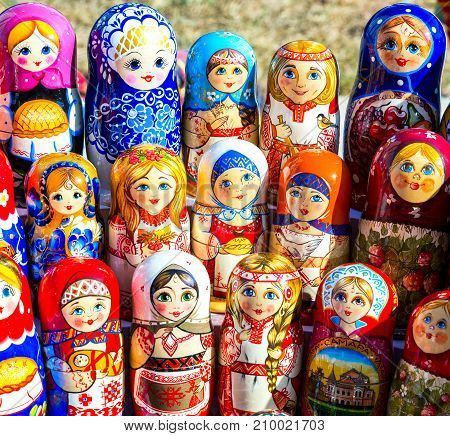 Samara Russia - September 15 2017: Large selection of matryoshkas Russian souvenirs at the gift shop. Nesting dolls are the most popular souvenirs from Russia