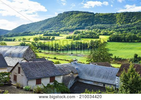 Landscape with medieval city of Auxillac in France. Auxillac is a commune in the Lozere department in the Languedoc-Roussillon region in southeastern France.