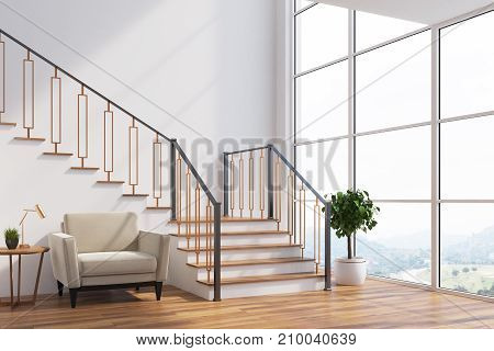 White Living Room Interior, Stairs, Armchair, Side