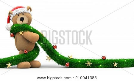 Christmas Teddy bear with Santa Claus hat and garland isolated on white background 3D rendering
