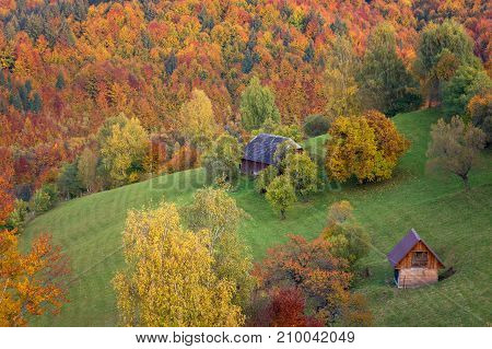 Beautiful autumn landscape in Transylvanian villages, Romania