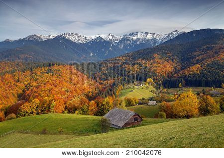 Beautiful autumn landscape in Transylvanian villages, Romania