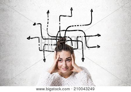 Stressed Young Woman With A Bun, Arrows